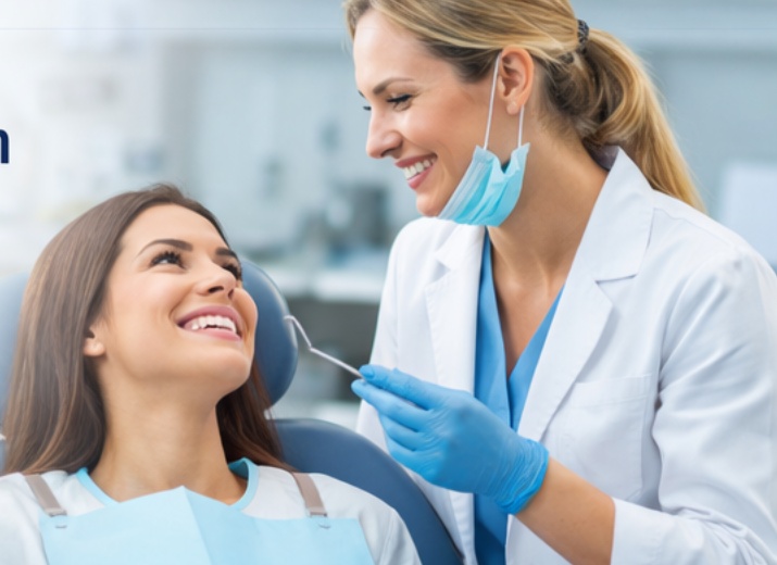 Dentist and patient smiling during consultation